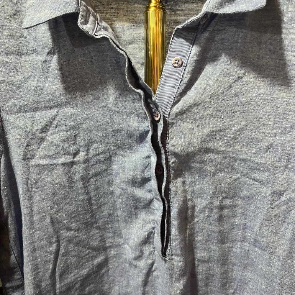 Chico's Blue Linen Blend Shirt Dress with Side Vent Buttons Roll Tab Sleeve - Picture 6 of 12